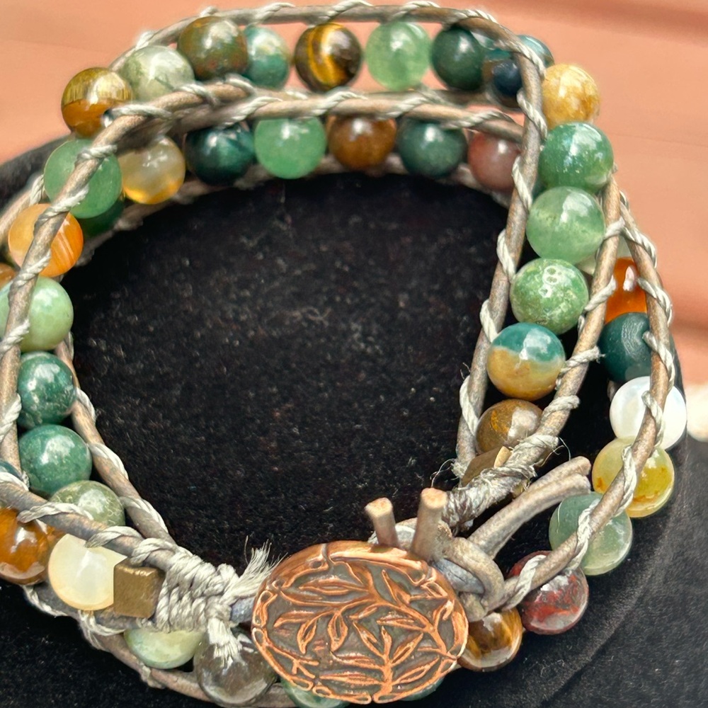 Green and Brown Wrap Bracelet with Semi-Precious Stones